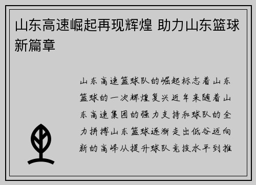 山东高速崛起再现辉煌 助力山东篮球新篇章