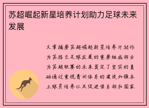 苏超崛起新星培养计划助力足球未来发展 苏超崛起新星培养计划助力足球未来发展