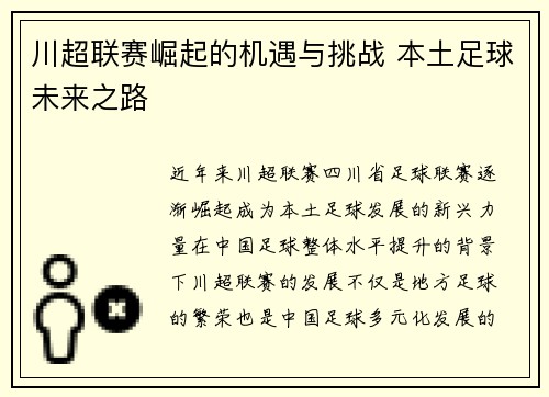 川超联赛崛起的机遇与挑战 本土足球未来之路 川超联赛崛起的机遇与挑战 本土足球未来之路